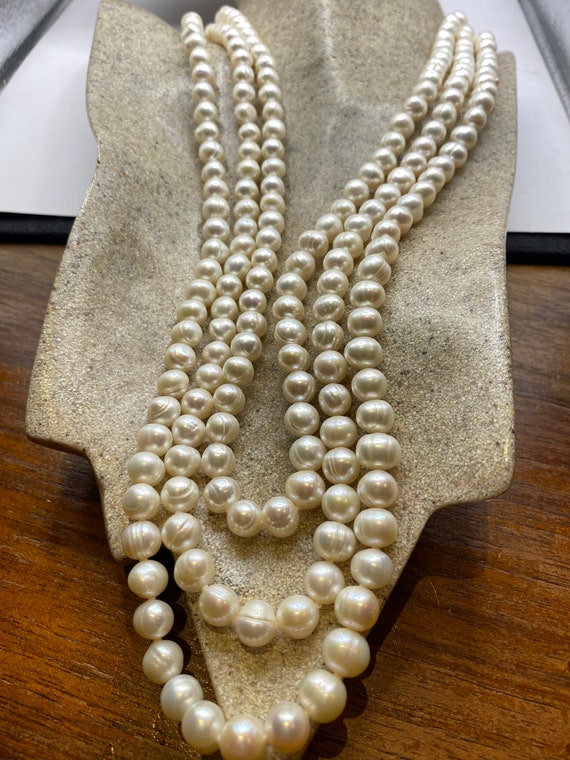 Vintage Hand Knotted White Pearl 3 Strand Necklace - image 1