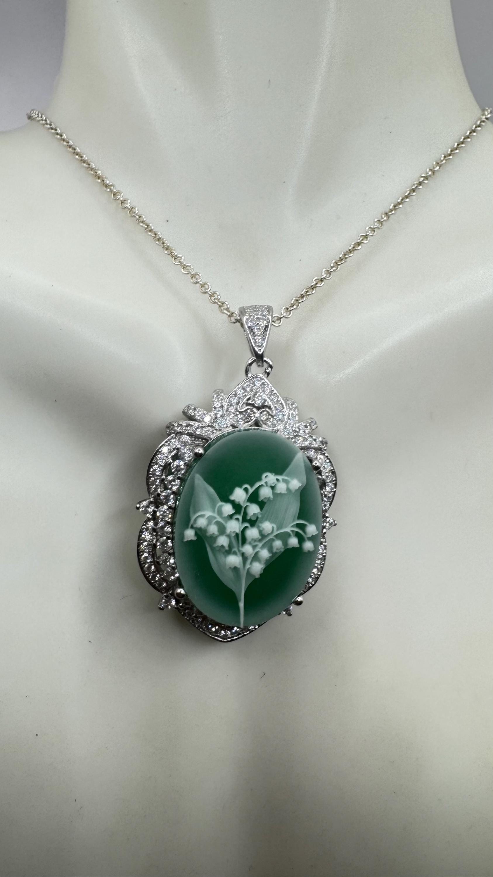 Vintage Lily of the Valley Green Onyx Cameo Choker 925 Sterling Silver Necklace