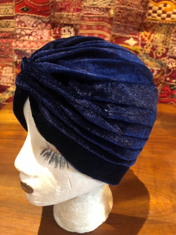 Vintage Blue Stretch Velvet Deco Turban Hat - image 2