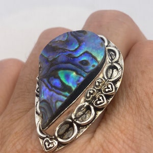 Vintage Green Abalone White Bronze Silver Cocktail Ring