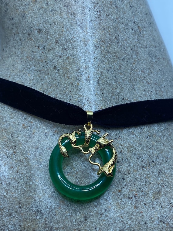 Vintage Green Jade Choker Golden Bronze Dragon Nec