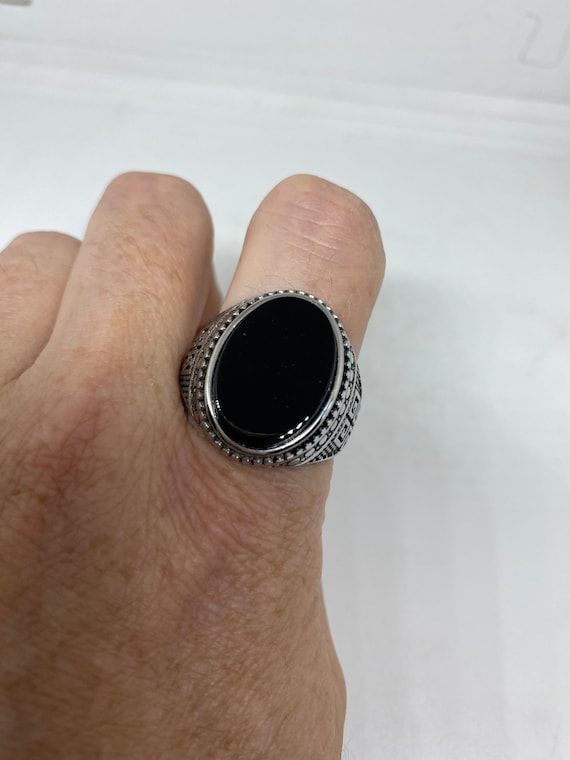 Vintage Gothic Black Onyx Stainless Steel Mens Ri… - image 1