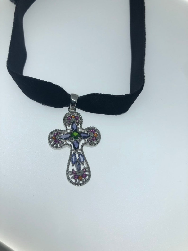Vintage Handmade 925 Sterling Silver mixed gemstone Cross Antique Pendant Necklace