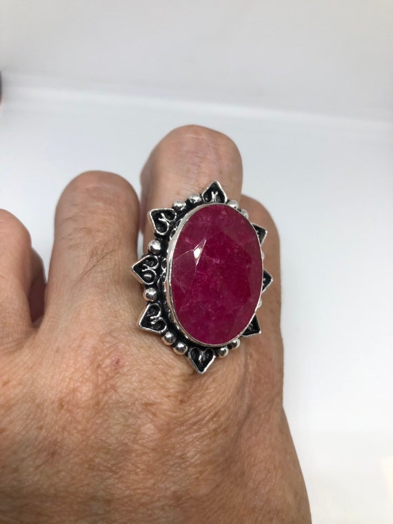 Vintage Handmade Raw Pink Ruby Silver Gothic Ring - image 1