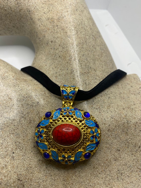 Vintage Cloisonné Choker Pendant Necklace Golden … - image 1