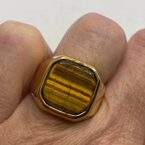 Vintage Gold Finished Stainless Steel Genuine Tigers Eye Ring