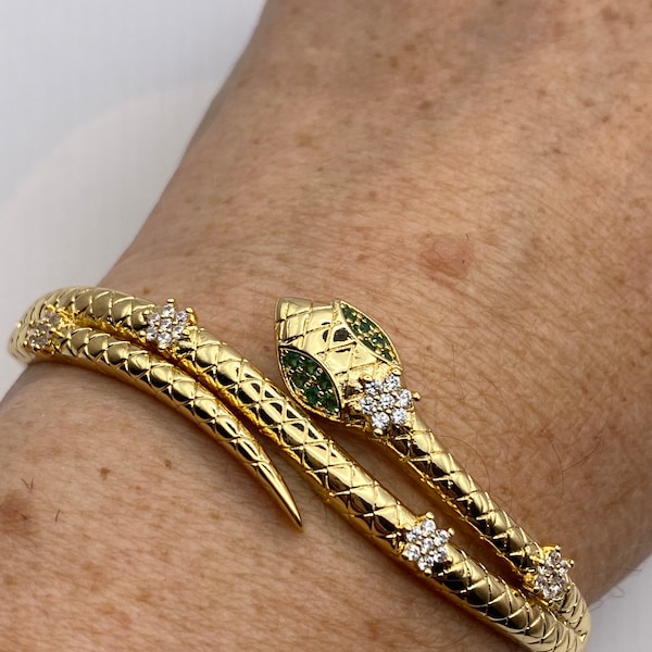 Vintage Snake Bangle Bracelet Gold filled Green Crystal Eyes