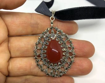 Vintage Marcasite Carnelian Choker 925 Sterling Silver Flower Necklace