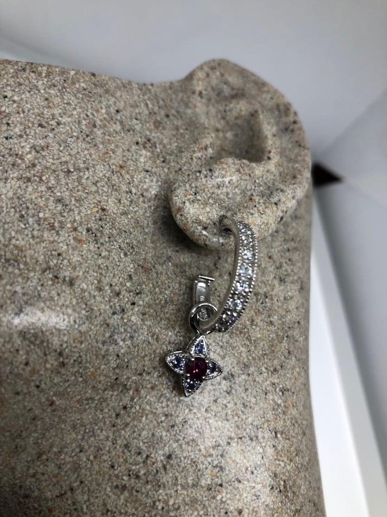 Vintage Handmade sterling silver diamond look white sapphire Gemstone drop hoop earrings