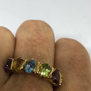 Vintage mixed genuine gemstones golden  925 Sterling Silver band Ring