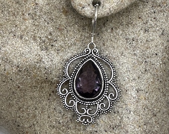 Antique Vintage Amethyst Glass Silver Dangle Earrings