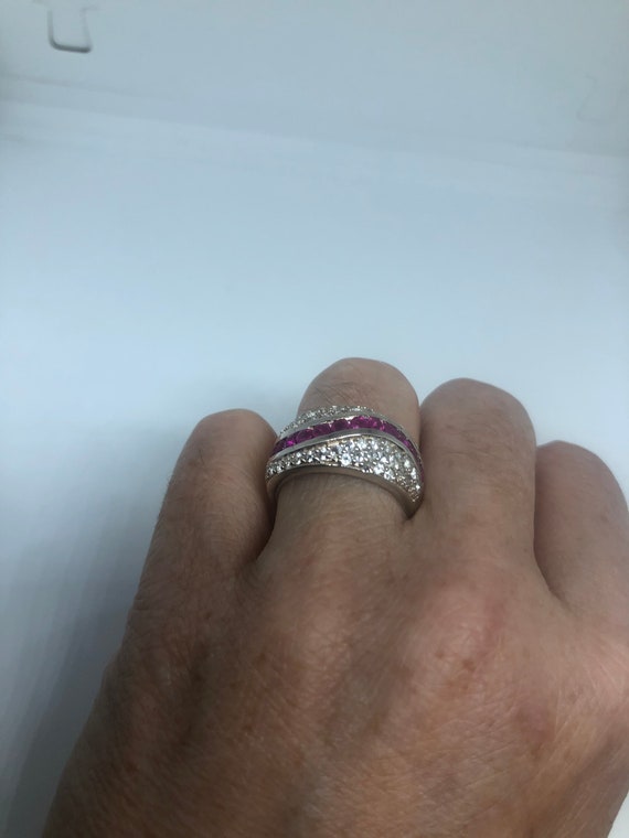 Vintage Pink Ruby 925 Sterling Silver Band Ring - image 4