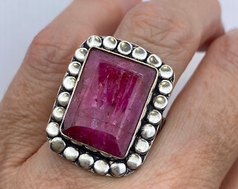 Vintage Raw Pink Ruby Silver Boho Cocktail Ring
