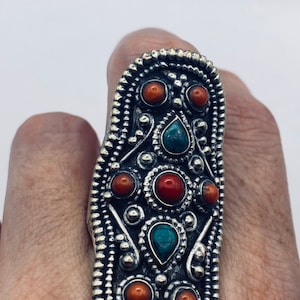 Vintage Green Genuine Turquoise red coral Ring