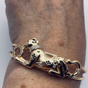 Vintage Cougar Cat Bangle Bracelet Gold filled Green Crystal Eyes