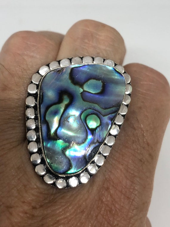 Antique Green Abalone White Bronze Silver Ring - image 1