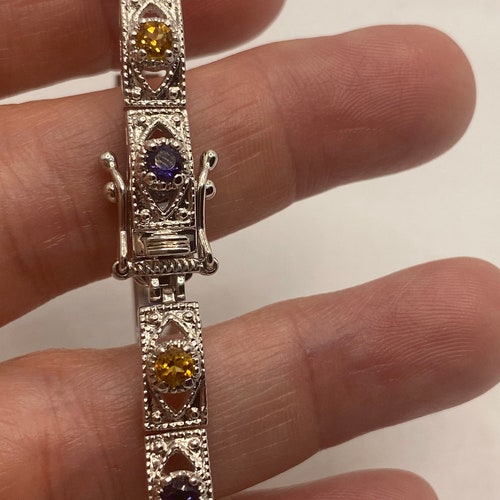 Vintage Citrine Blue Sapphire shops Tennis Bracelet 925 Sterling Silver