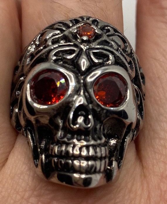 Silver bikies ring skull red crystal solid heavy stainless steel band 