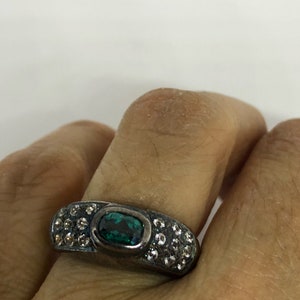 Vintage Handmade Genuine Dark Blue Flourite and White Sapphire  925 Sterling Silver Deco Ring
