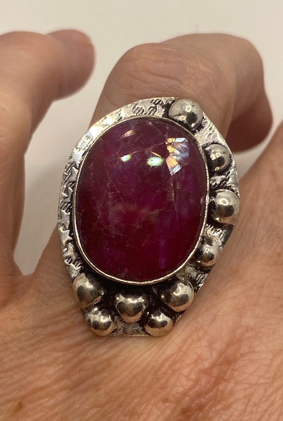 Vintage Handmade Raw Pink Ruby Silver Gothic Ring - image 1