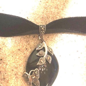 Vintage Marcasite 925 Sterling Silver Black Onyx Choker Dangle Pendant Necklace