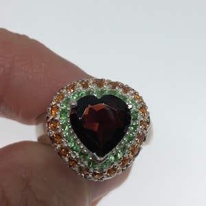 Vintage Bohemian Garnet Citrine Peridot Heart 925 Sterling Silver Cocktail Ring