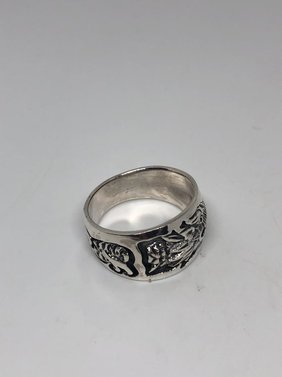 Vintage Gothic Dragon Sterling Silver Mens Ring - Gem