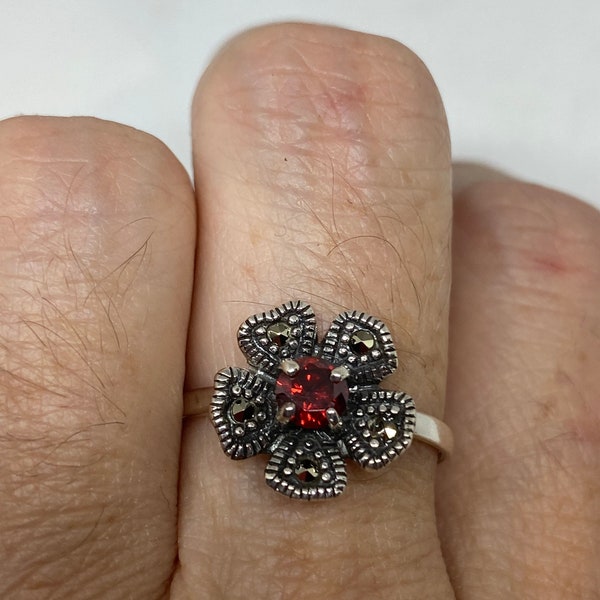 Vintage Red Bohemian Garnet Ring  925 Sterling Silver Cocktail