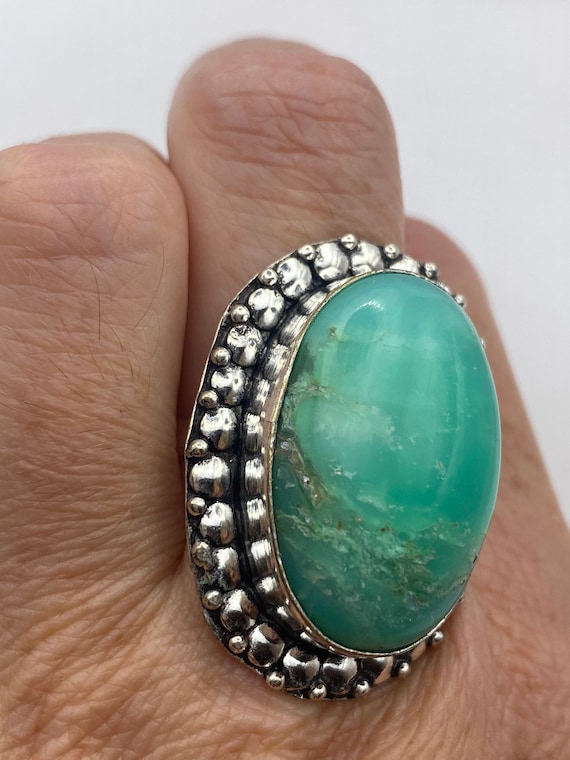 Vintage Green Amazonite Silver Ring Size 10