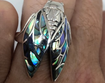 Vintage Deco Abalone Ring Cicada 925 Sterling Silver