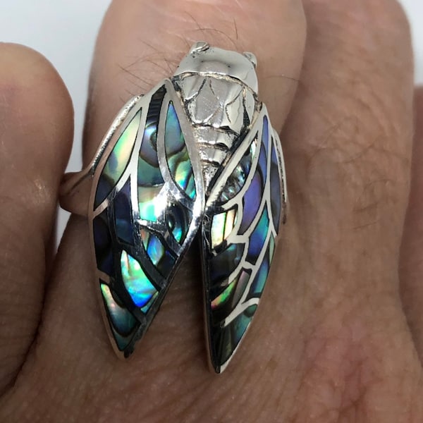 Vintage Deco Abalone Ring Cicada 925 Sterling Silver