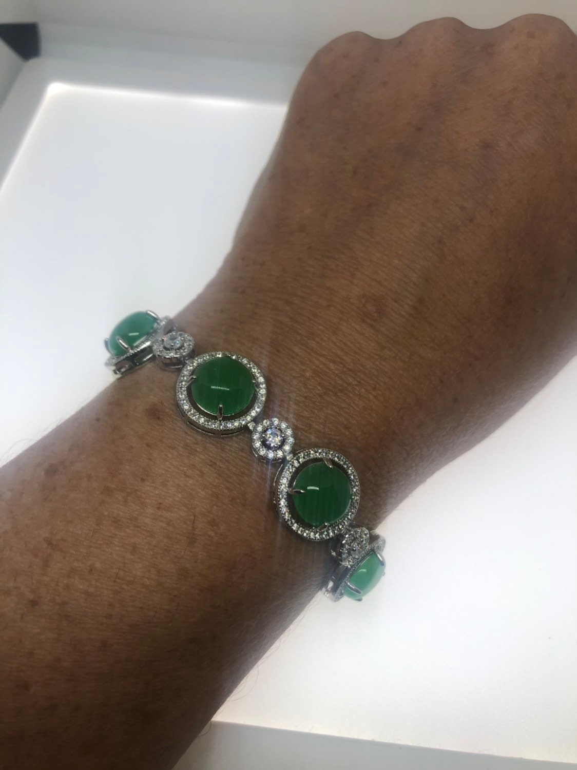 Vintage Green Jade Bracelet White Bronze Silver | Etsy
