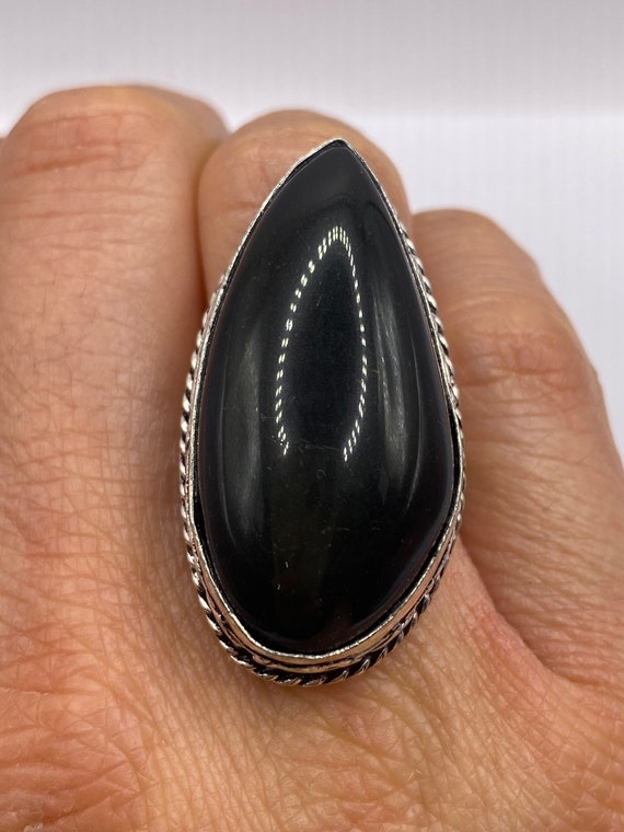 Vintage Black Onyx Silver Cocktail Ring Size 6.5 - image 1