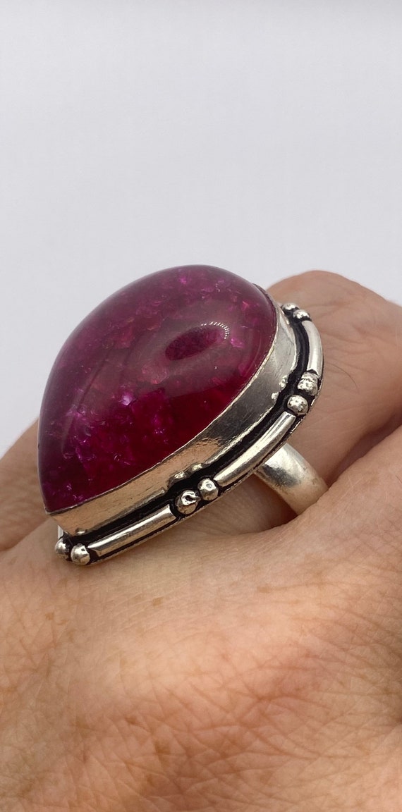 Vintage Pink crackle glass Silver Ring Size 8 - image 2
