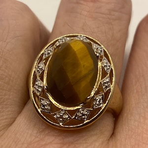Vintage Tigers Eye Diamond Stone Golden Sterling Silver 925 Ring