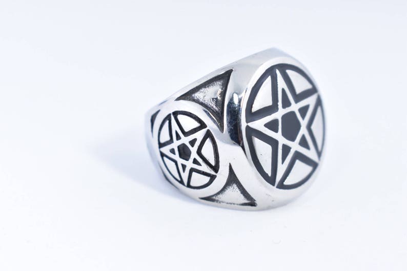 Vintage Gothic Silver Stainless Steel Pentacle Star Mens Ring image 4