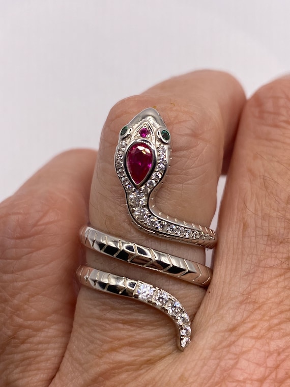 Vintage Snake Ring  Red Ruby Sterling Silver Adjus