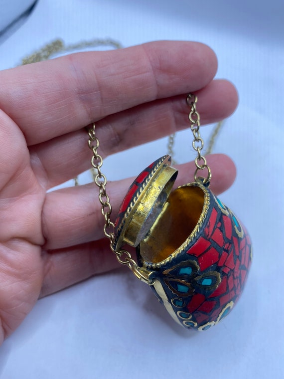 Bronze Mojo Bag Handmade Vintage Mosaic Gemstone Pendant Necklace