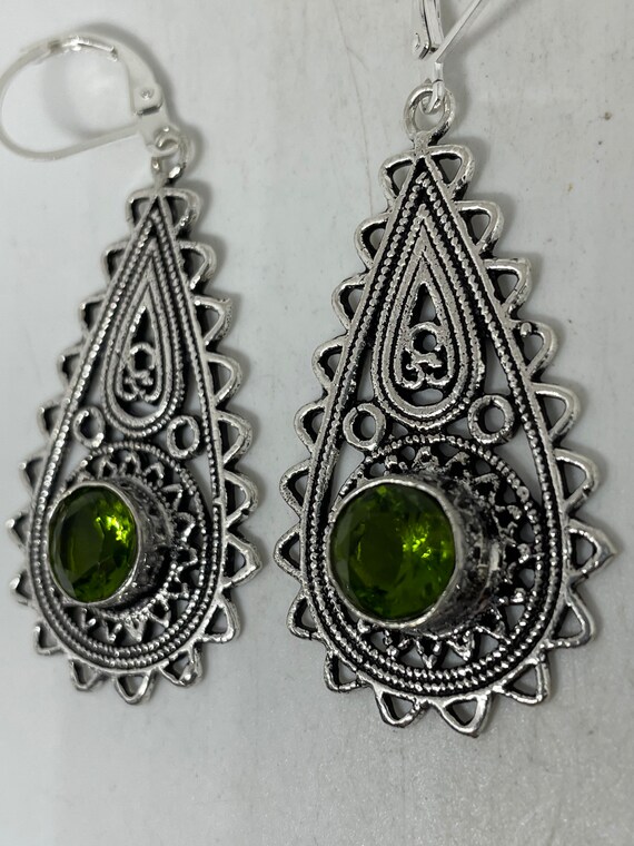 Antique Vintage Green Peridot Silver Dangle Earri… - image 3