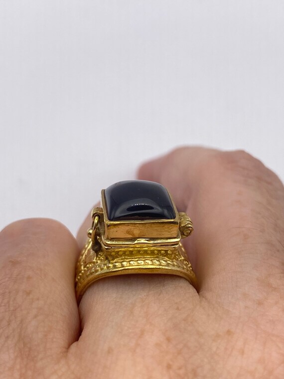 Vintage Black Onyx Brass Poison Pillbox Ring - image 5