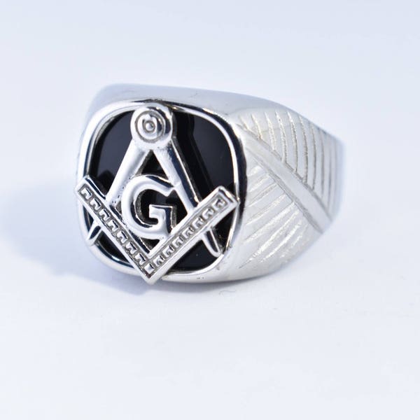 Vintage Gothic Silver Stainless Steel Genuine Black Onyx Free Mason Apprentice Men's Ring