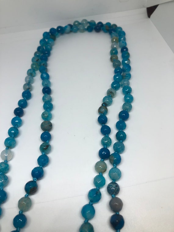 60 Inch Hand Knoted Vintage Blue Dyed Onyx beaded… - image 3