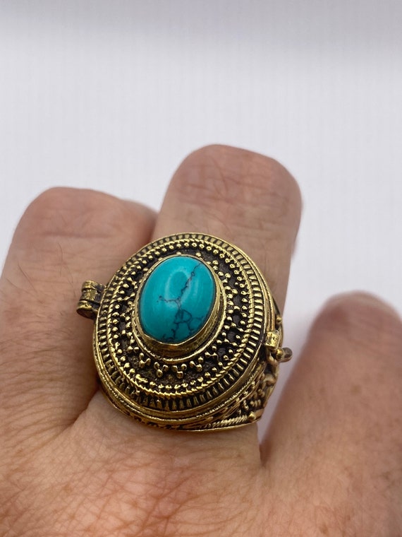 Vintage Turquoise Brass Poison Pillbox Ring - image 1