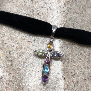Vintage Handmade 925 Sterling Silver Mixed Gemstone Cross Antique Pendant Necklace