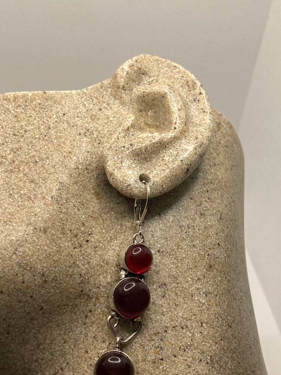 Antique Vintage Red Ruby Glass Silver Dangle Earr… - image 1