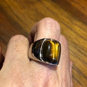 Vintage Gothic Stainless Steel Genuine Tigers Eye Mens Ring