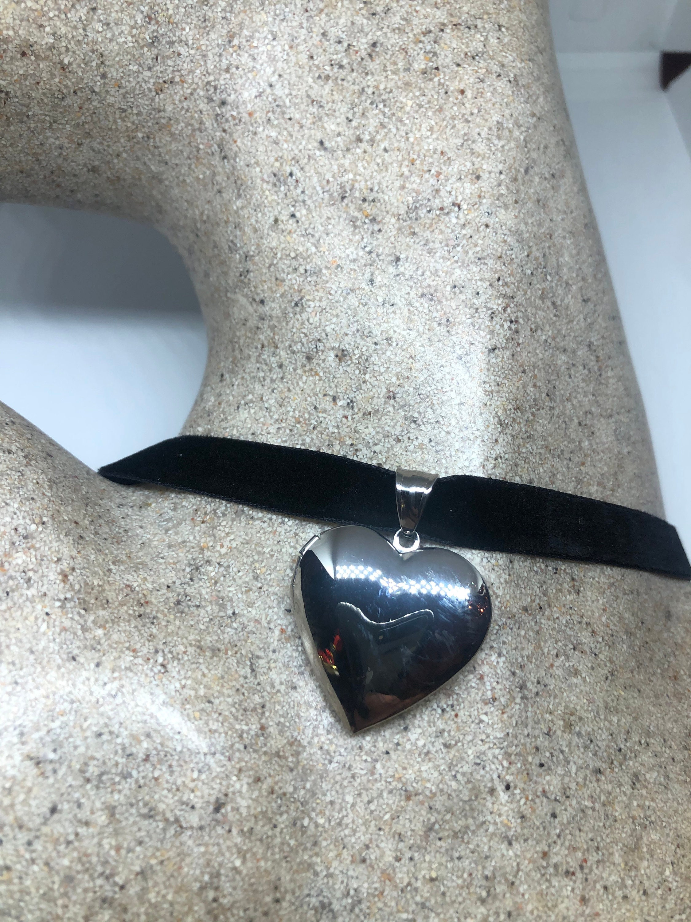 Vintage Heart Locket Choker Silver Stainless Steel Deco Etched Necklace ...