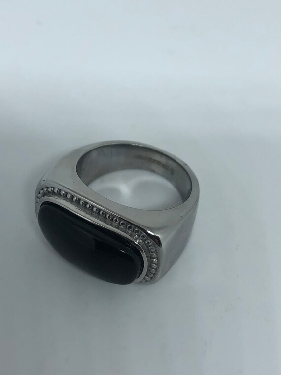 Vintage Black Onyx Stainless Steel Men's Ring - image 3