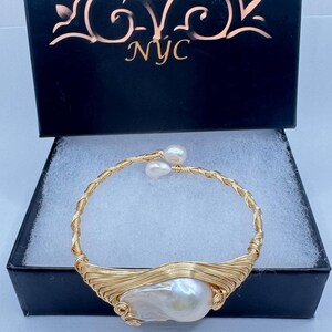 Vintage Pearl Cuff Bangle Bracelet Gold 925 Sterling Silver Hand Made