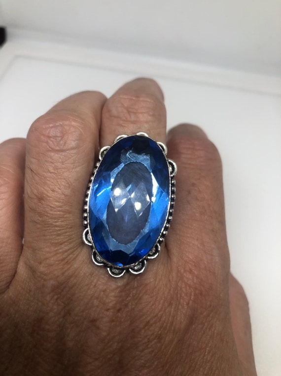 Bague Vintage Boule De Verre Bleu Blanc - Métal Argenté Taille 53